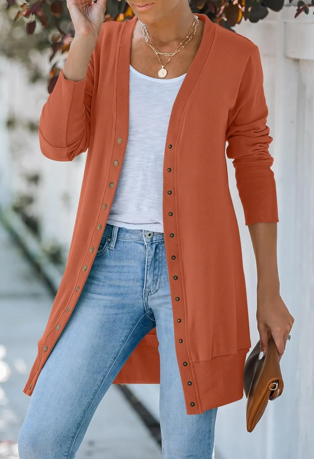 Women's 2024 Fall Long Sleeve Snap Button Down Solid Color Knit Ribbed Neckline Cardigans