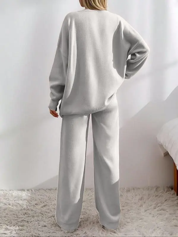 Women's V-Neck Button Cardigan & Wide-Leg Pants Set