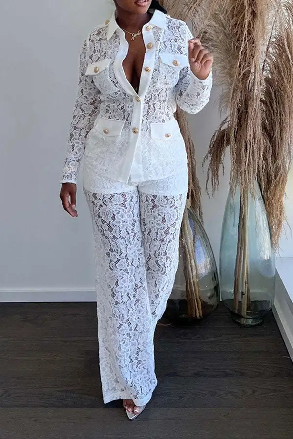 Lace Classic Single Breasted See-Through Pant Suit