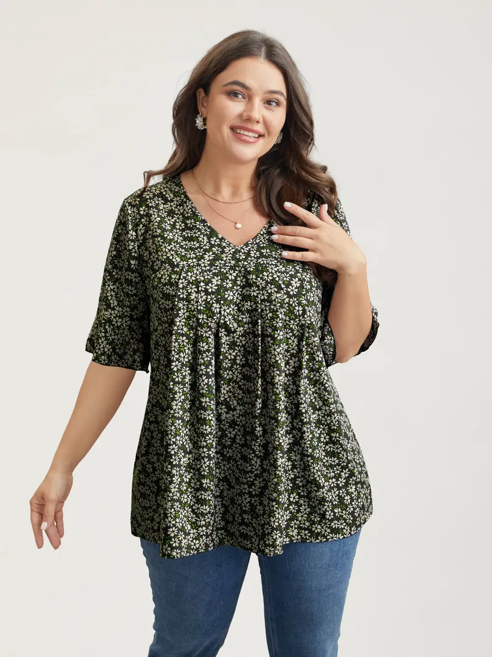 Ditsy Floral Pleated Flared Sleeve Shirt