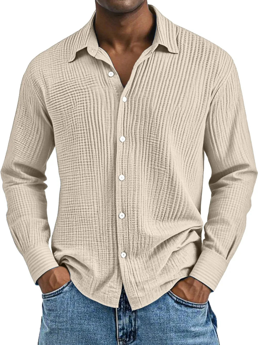Men's Daily Casual Solid Color Pure Cotton Pleated Texture Long-sleeved Shirt