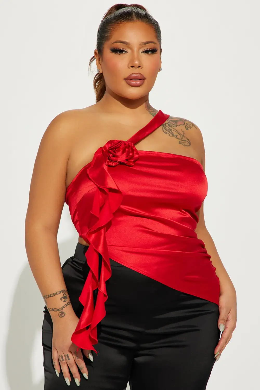 Belle Satin Blouse Top - Red