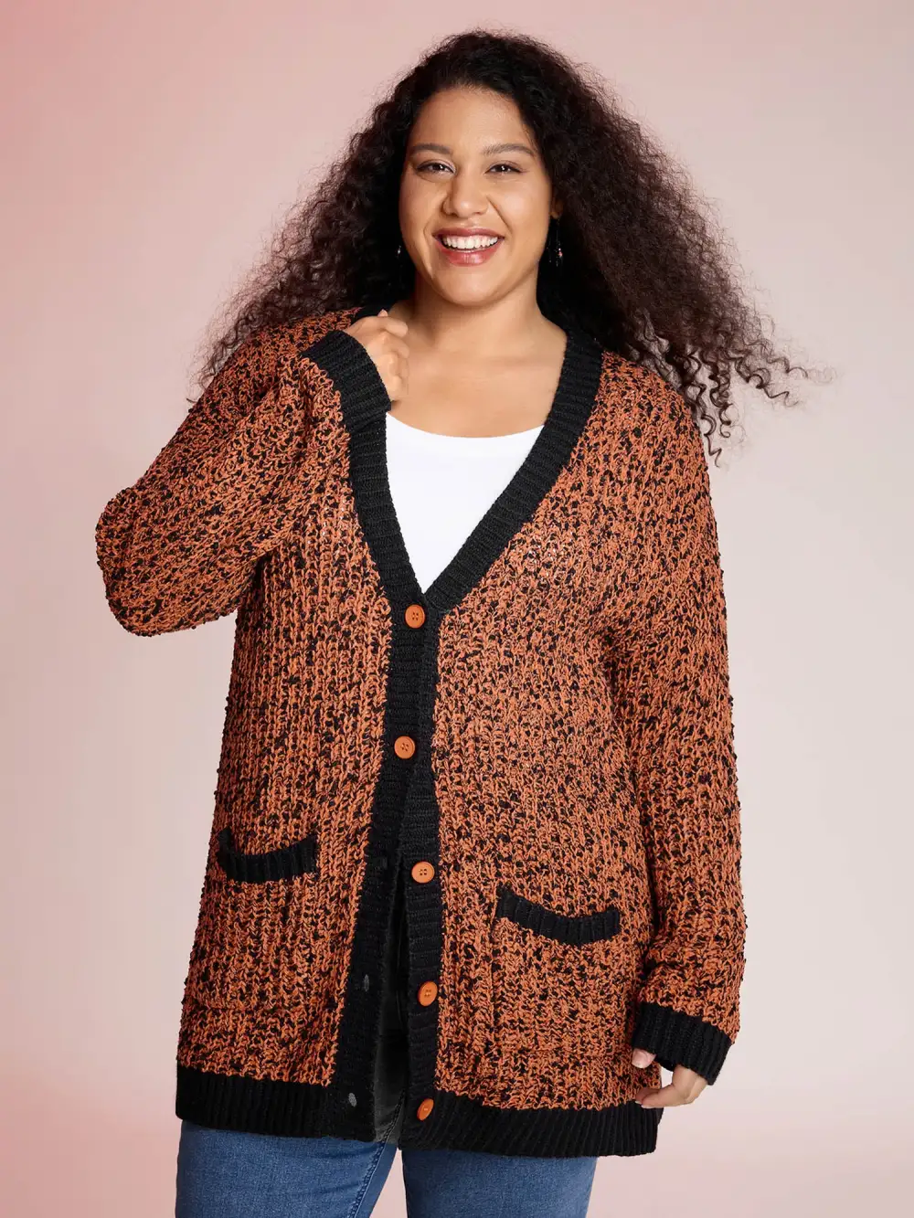 Textured Color Contrast Edges Pockets Cardigan