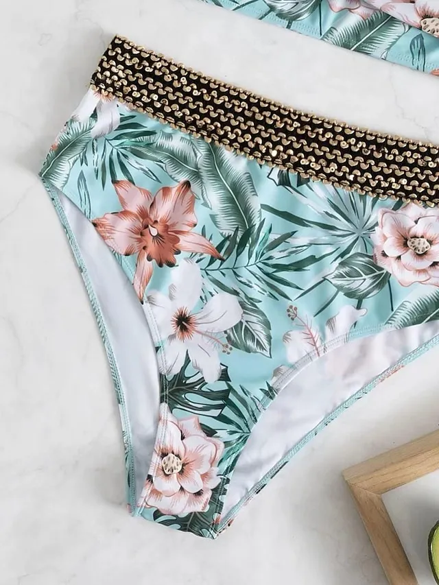 Women's Swimwear Bikini Normal Swimsuit 2 Piece Printing Floral Purple Green Bathing Suits Sports Beach Wear Push Up