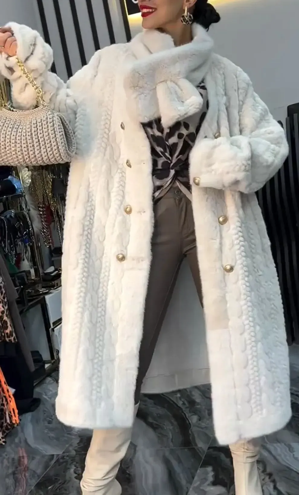 Luxurious White Faux Fur Coat
