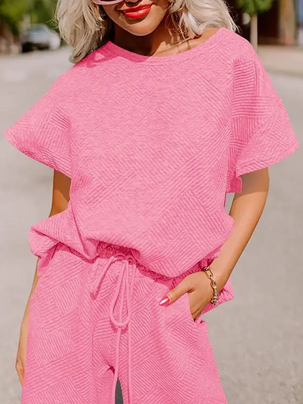 Women's 2-Piece Knit Loungewear Set – Short Sleeve Top & Cropped Wide Leg Pants