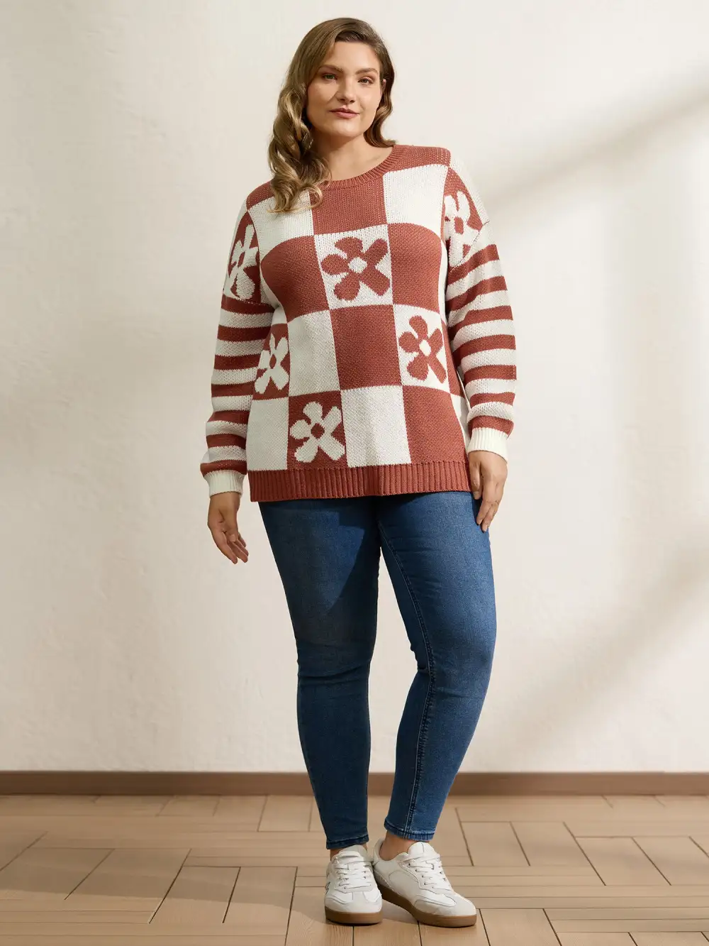 Checkered Floral Stripe Sleeve Jacquard Pullover