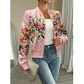 Women's Casual Jacket Comfortable Zipper Fashion Daily Modern Floral School Outdoor Vacation Home Regular Baseball Collar Regular Fit Long Sleeve Outerwear White Spring Fall