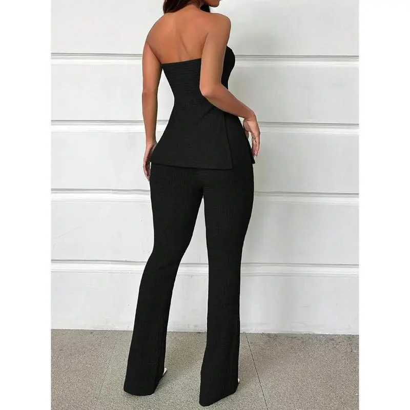 Women's Summer Two-Piece Set – Strapless Top & High-Slit Flare Pants, Casual Resort Outfit