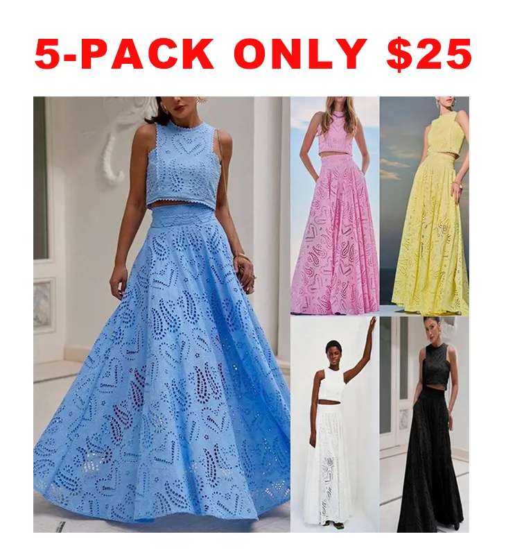 Women Summer 2 Pieces Set O-neck Single Button Ankle-length A-line Dress Sets For Beach Vacation Party Womenswear