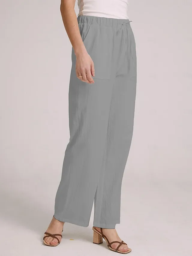 Women's Wide Leg Chinos Cotton Linen Baggy Mid Waist Black Summer