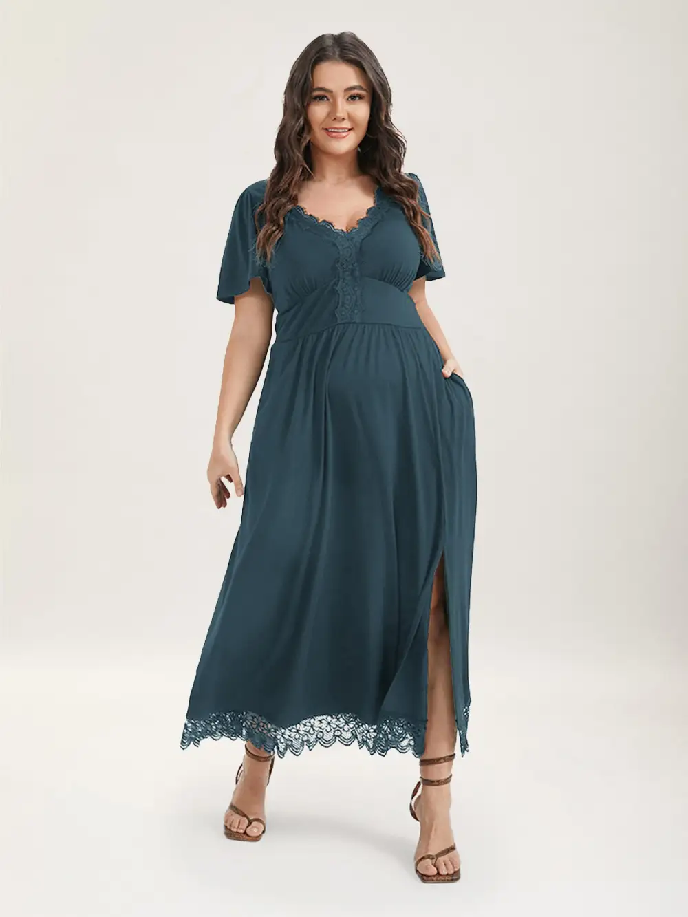 Solid Pocket Contrast Lace Split Maxi Dress