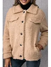 Women's Sherpa Jacket Comfortable Breathable Pocket Buttons Casual Plain Vacation Street Casual Daily Wear Single Breasted Short Turndown Regular Fit Long Sleeve Outerwear Khaki Army Green Dark Gray