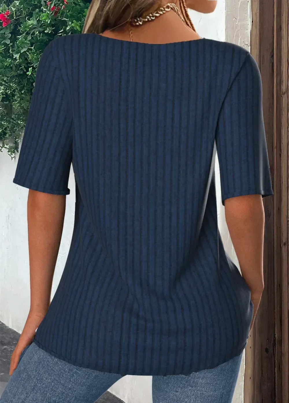 Navy Embroidery Short Sleeve Fake Two Piece Twinset