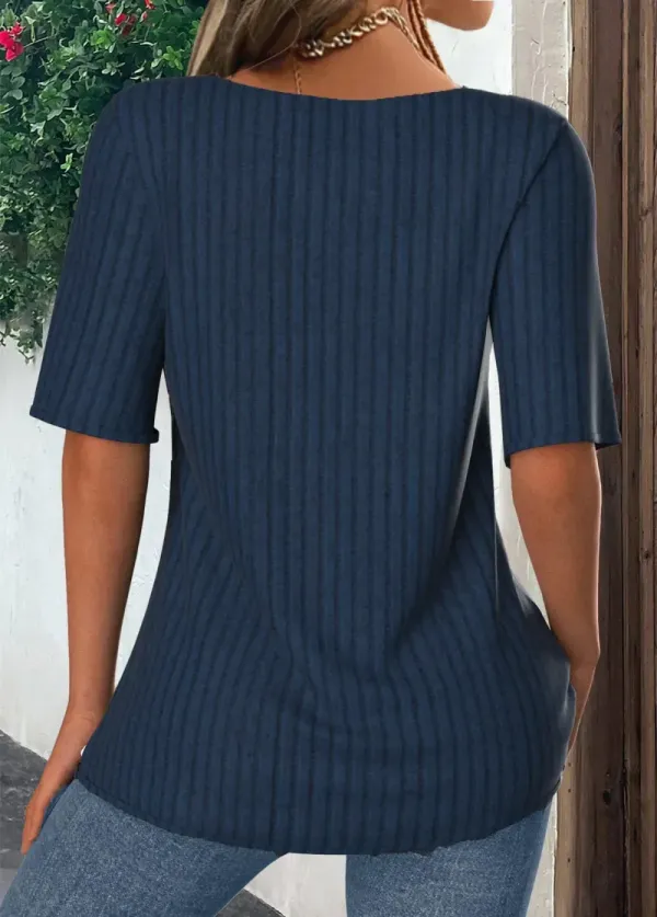 Navy Embroidery Short Sleeve Fake Two Piece Twinset