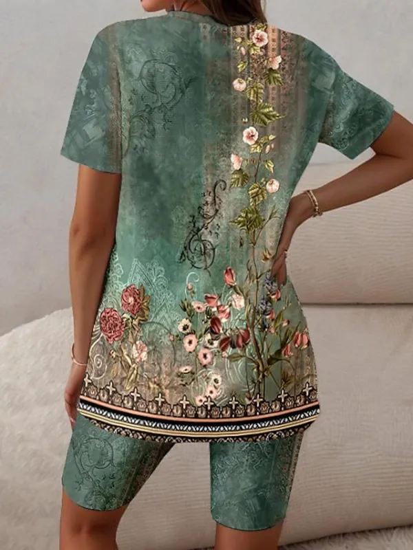 Women's T shirt Tee Shorts Sets Floral Casual Daily Print Light Green Short Sleeve Fashion V Neck Summer
