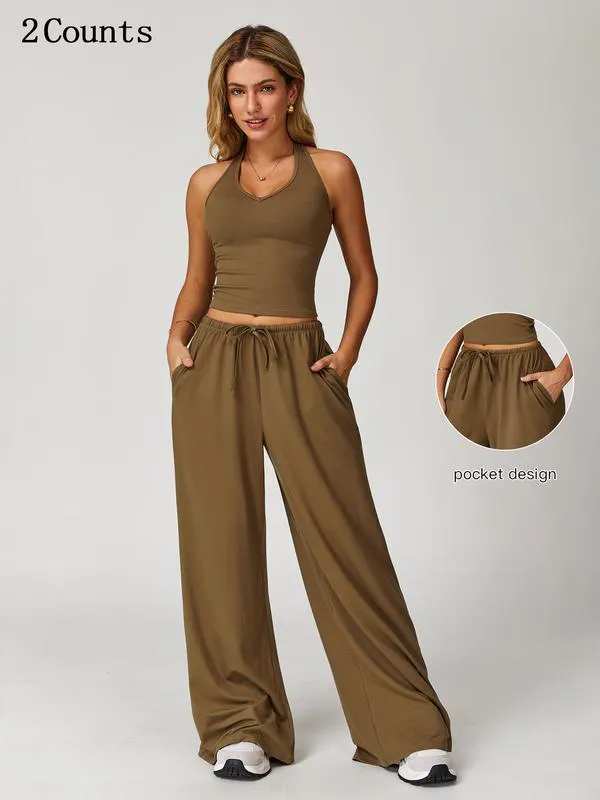 Women's Solid Crop Tank Top & Wide Leg Pants Set, Casual V Neck Sleeveless Top & Trousers