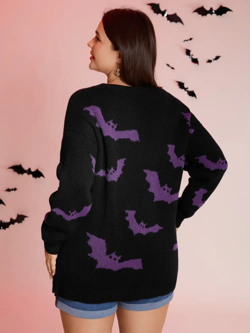 Bat Pattern Ribbed Neck Pullover