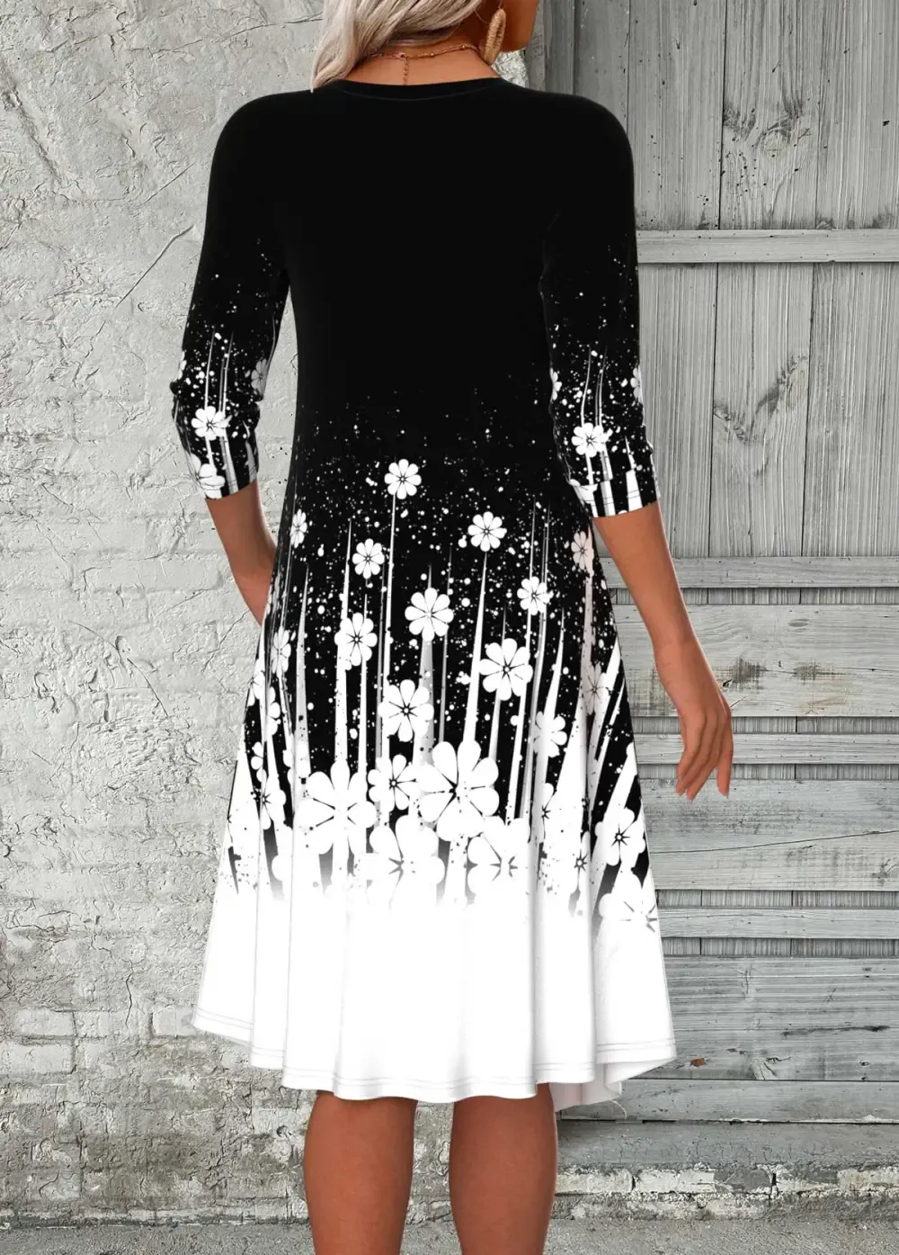 Black Fake 2in1 Floral Print A Line Dress