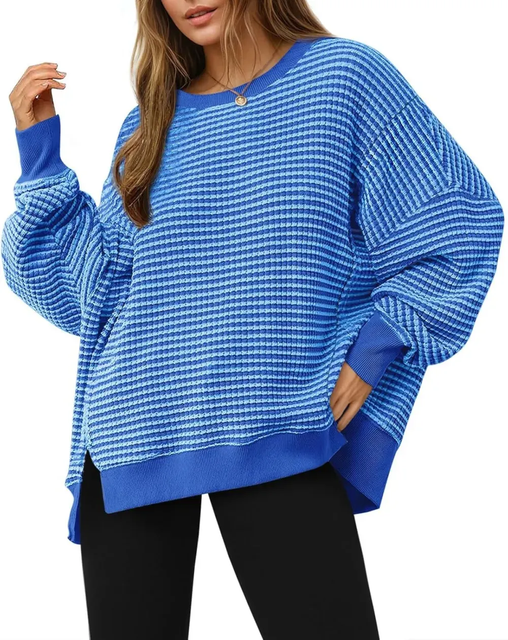 ✨Women's Oversized Sweatshirt Waffle Long Sleeve Split Pullover Tunic Tops