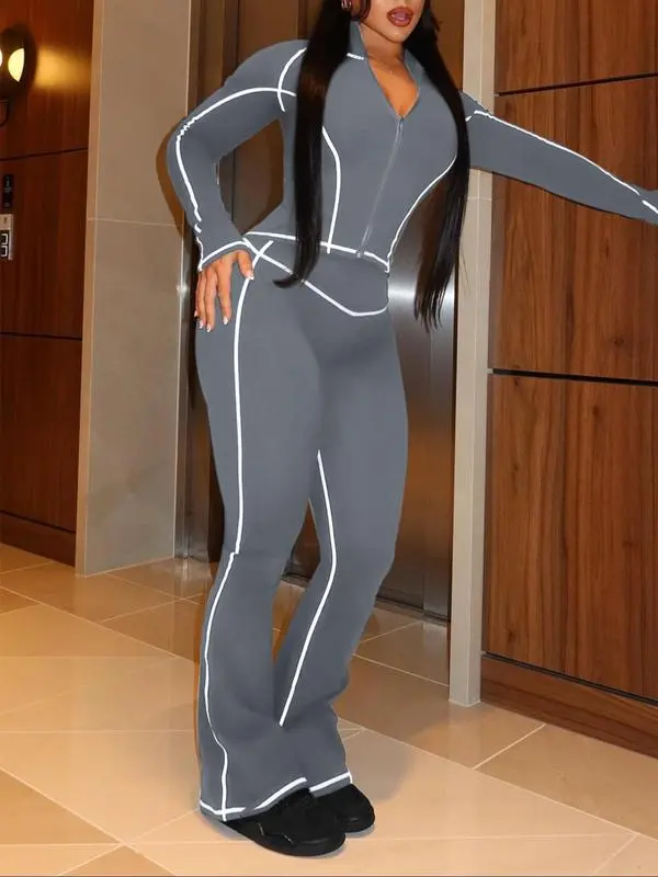 Women's Fall/Winter 2-Piece Set: Striped Zip-Up Jacket + High-Waist Pants (Long-Sleeve)