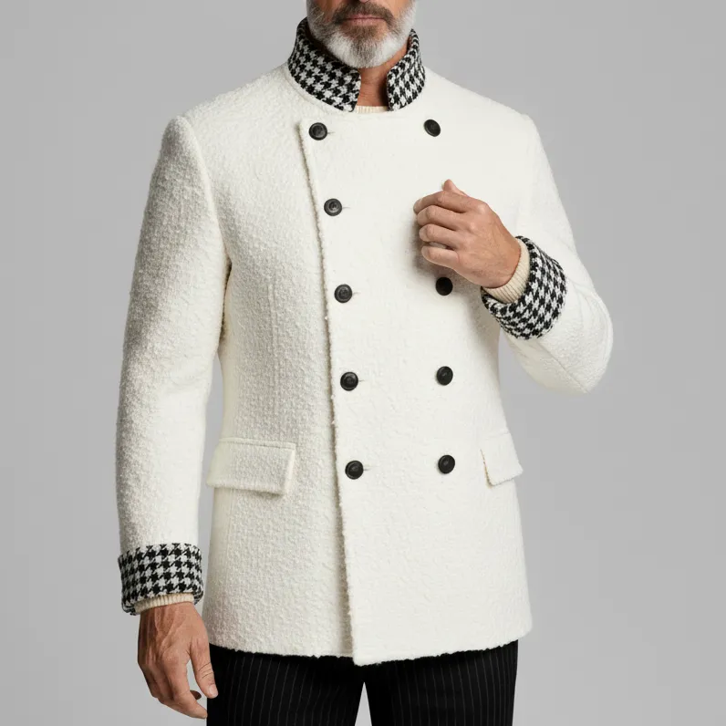 Men's White Houndstooth Pattern Patchwork Stand Collar Long Sleeve Double Breasted Textured Coat