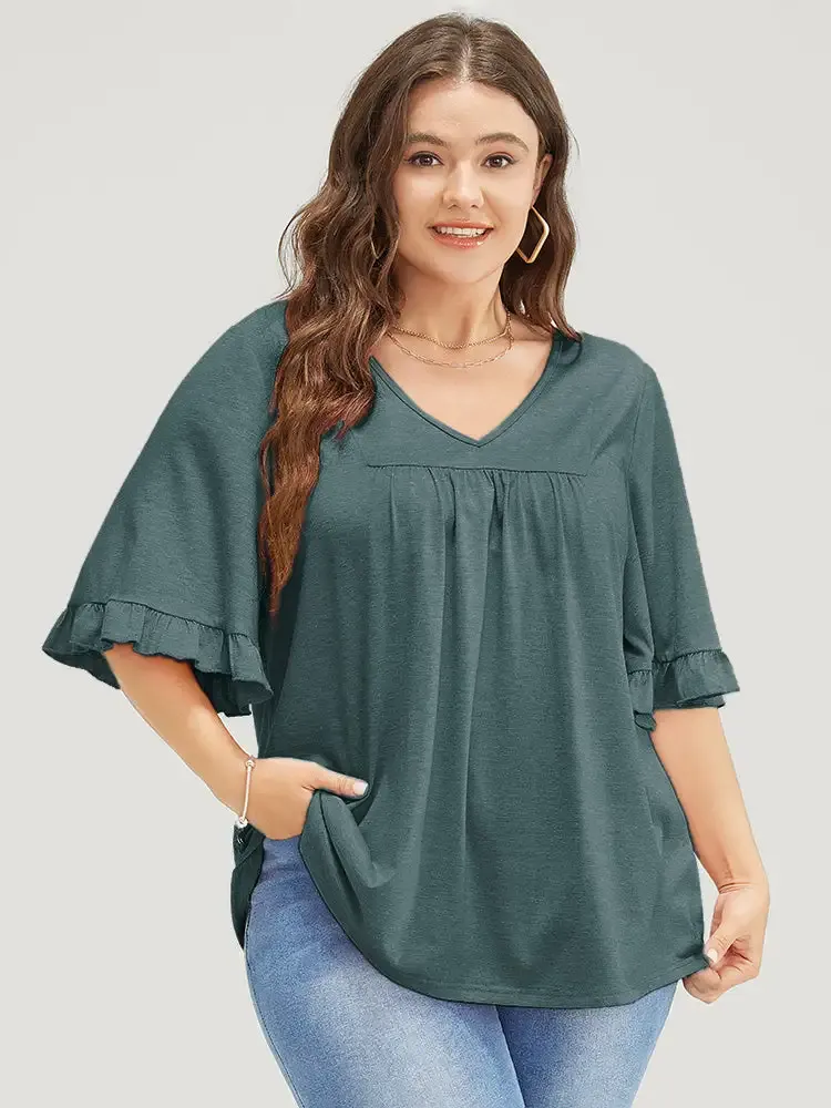 Solid Gathered Ruffle Trim Flounce Sleeve T-shirt