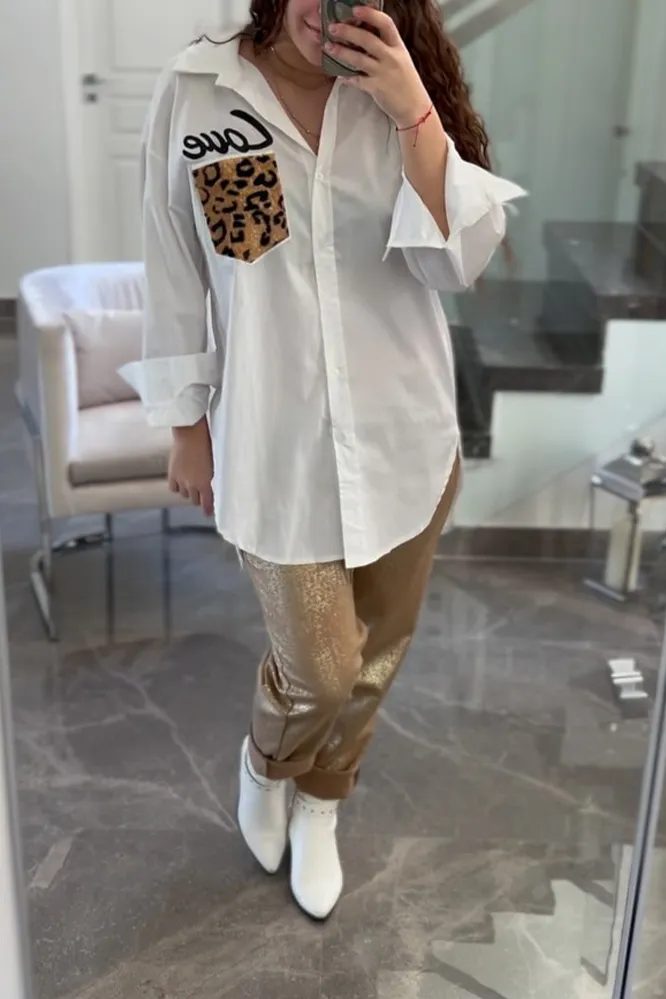 Women's leopard pocket shirt and pants two-piece suit