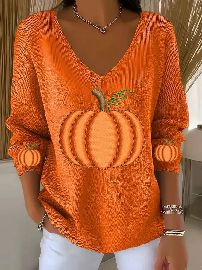 Women's Casual Pumpkin Floral Long Sleeve T-Shirt