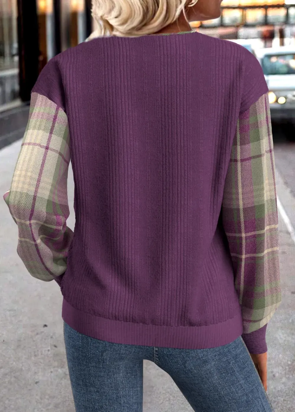 Purple Button Plaid Long Sleeve Split Neck Sweatshirt