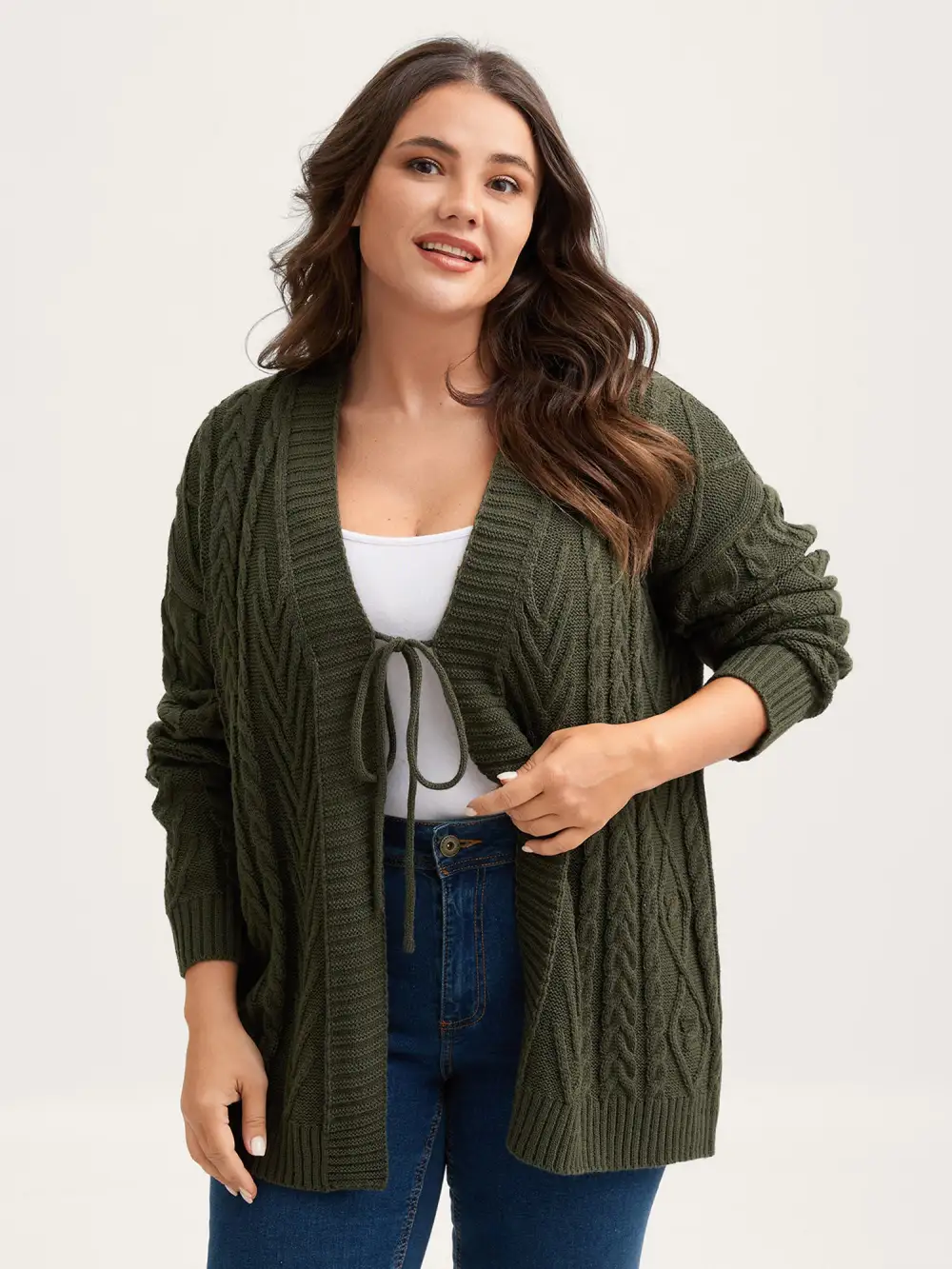 Textured Front-Tie Ribbed Hem Knit Cardigan