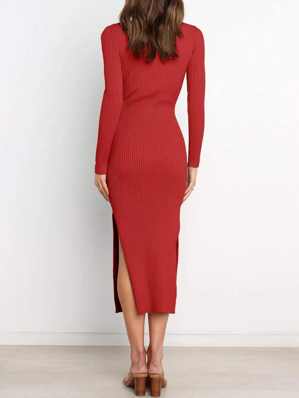 Long Sleeve Sweater Dress Crew Neck Slim Fit Slit Tie Waist 2024 Ribbed Knit Bodycon Midi Dress Fall Outfits