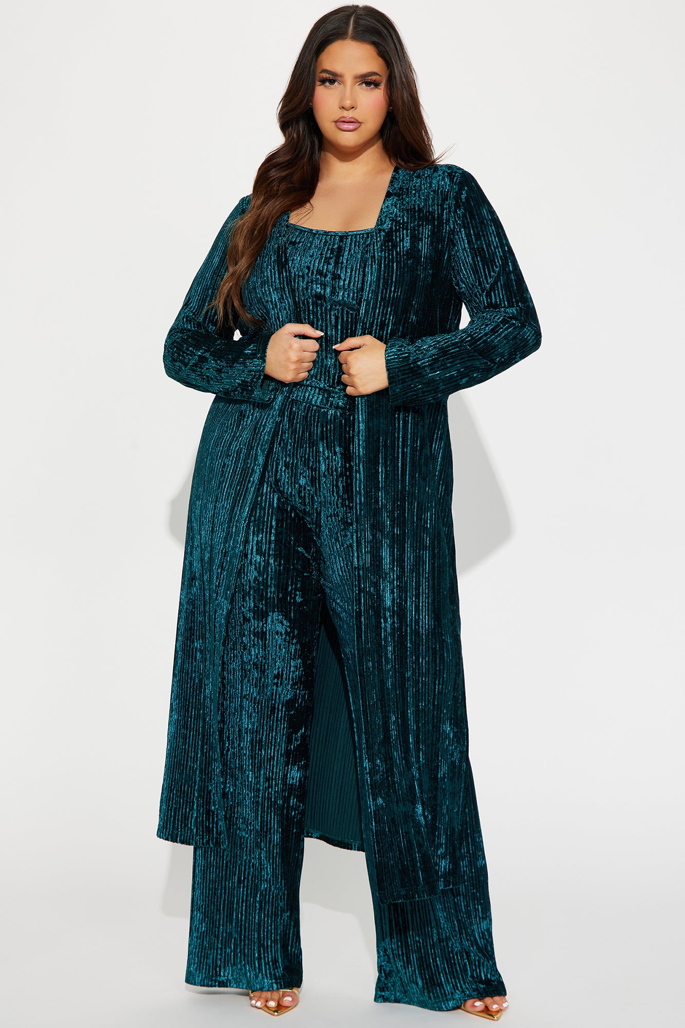 Carrie 3 Piece Velvet Plisse Pant Set - Hunter