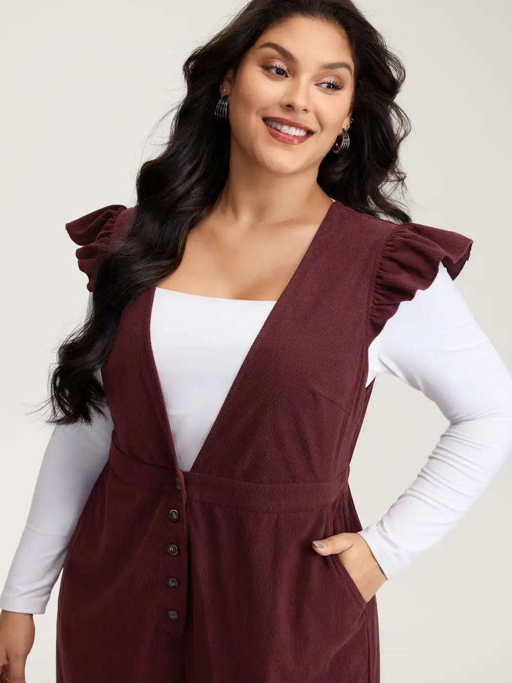 Corduroy Stretchy Waist Flutter Sleeve Jumpsuit