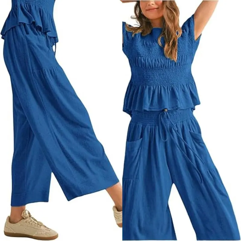 Women’s Smocked Top & Wide-Leg Pants Set – High-Waisted Lounge Outfit with Pockets