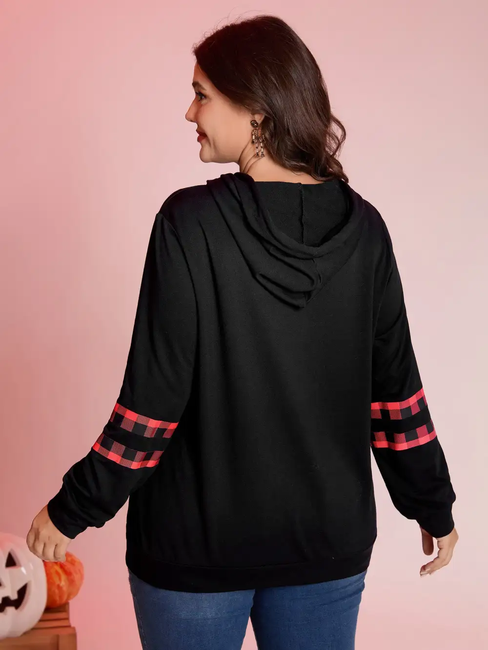 Pumpkin Plaid Print Solid Hoodie