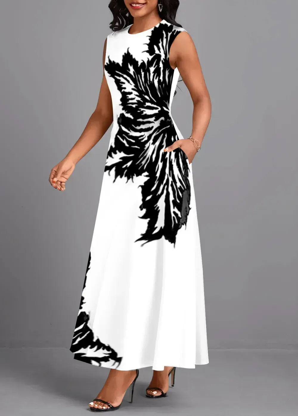 White Pocket Leaf Print Sleeveless Round Neck Maxi Dress