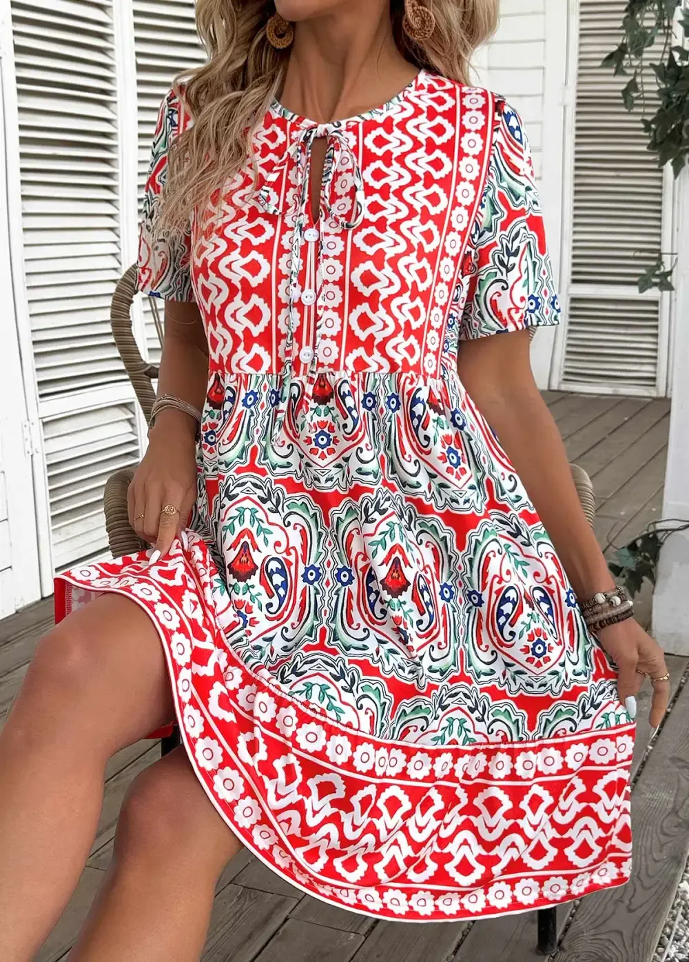 Multi Color Tribal Print A Line Short Sleeve Dress