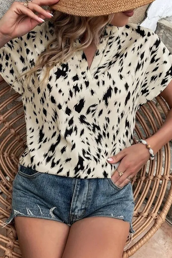 Animal Print V-Neck Short Sleeve Blouse