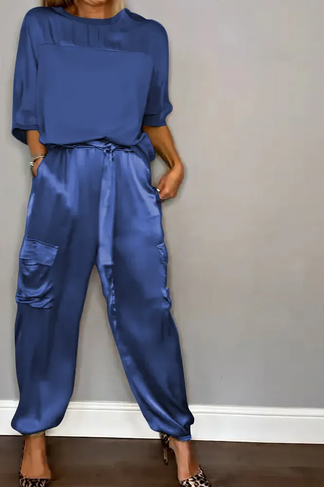 Women's Smooth Satin Half-sleeved Top and Pant Suit Two-piece
