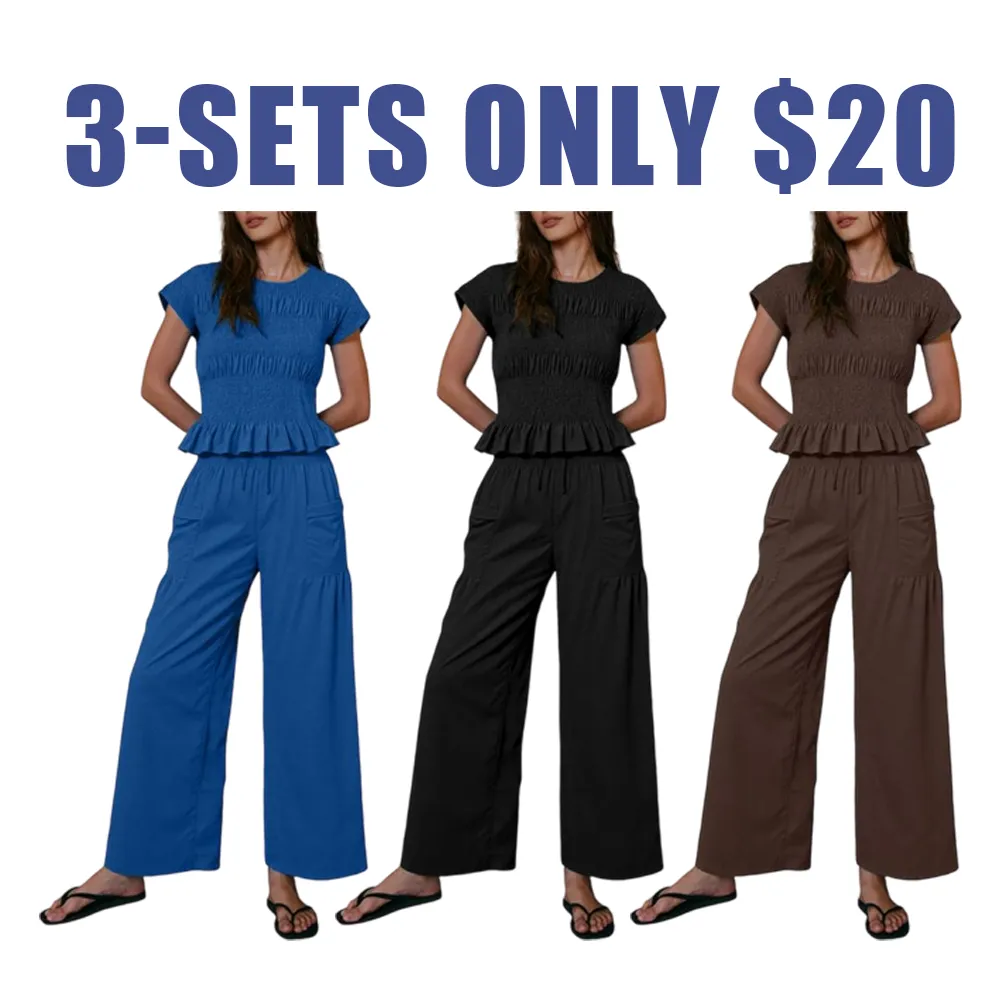 Women’s Smocked Top & Wide-Leg Pants Set – High-Waisted Lounge Outfit with Pockets