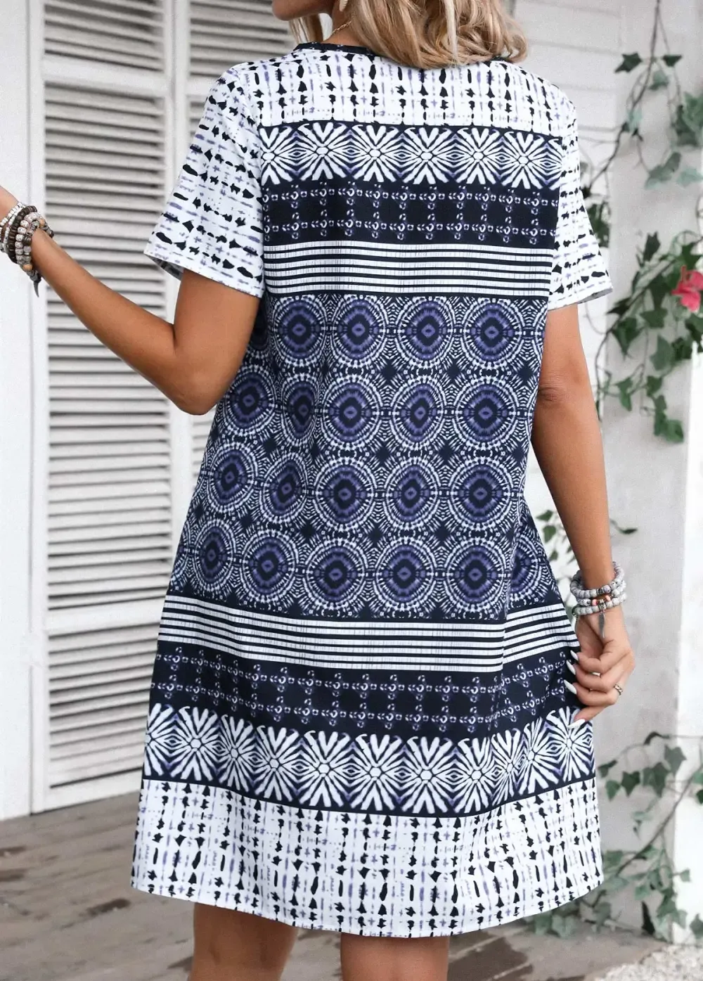 Blue Tribal Print A Line Short Sleeve Dress