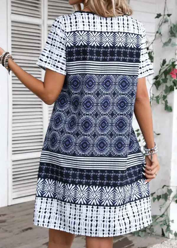 Blue Tribal Print A Line Short Sleeve Dress
