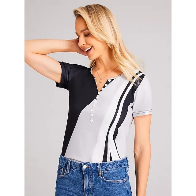 Women's T shirt Tee Henley Shirt Color Block Daily Weekend Button Print Black Short Sleeve Basic V Neck