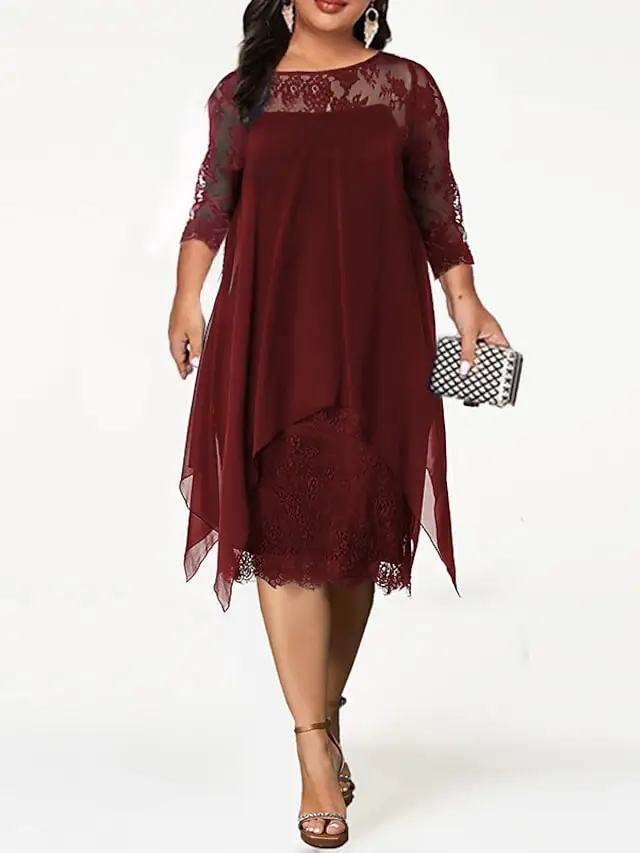 Women's Plus Size Party Dress Solid Color Crew Neck Lace 3/4 Length Sleeve Spring Summer Casual Prom Dress Midi Dress Party Work Dress / Lace Dress / Homecoming Dress