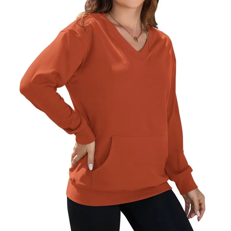 Women's Hoodless V-neck Sweatshirt With Kangaroo Pocket Fleece Longsleeve Oversized Casual Style Shirt
