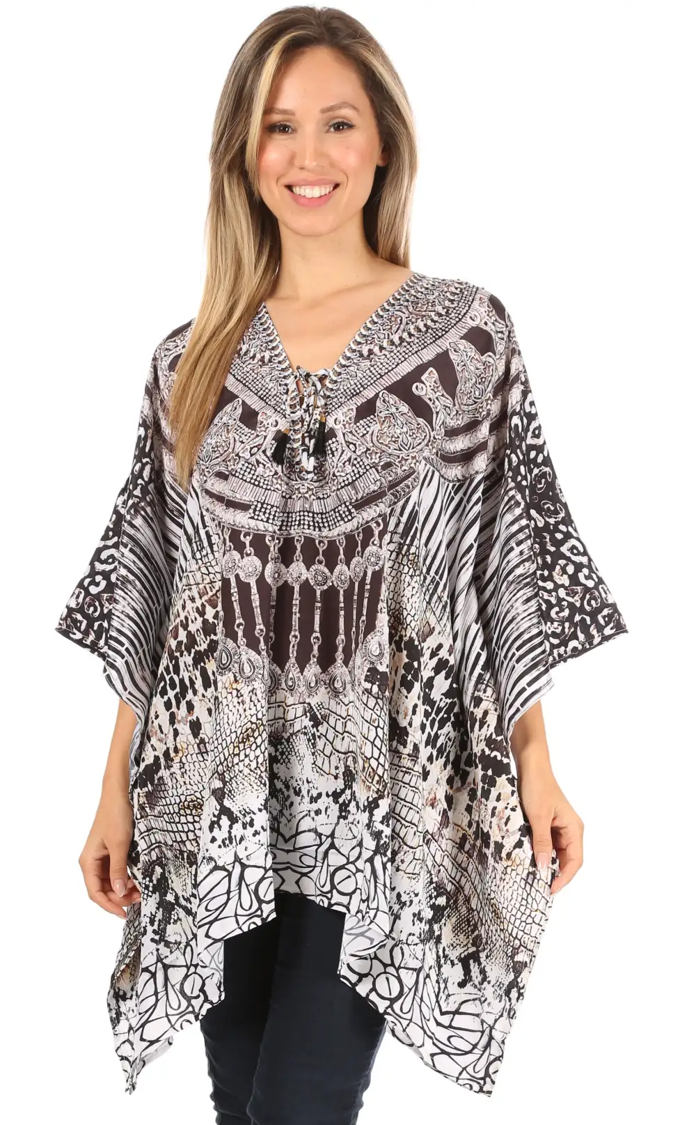 Women's Caftan Poncho Cover up V neck Top Lace up With Rhinestone