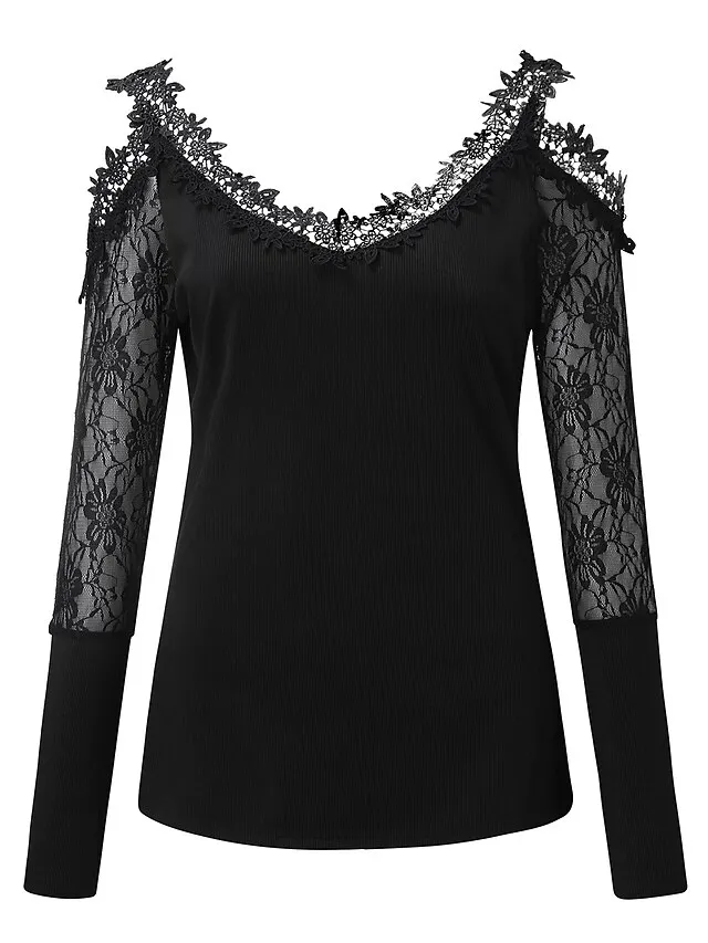 Women's T shirt Tee Going Out Tops Burgundy Tee Plain Casual Weekend Black Wine Blue Lace Cut Out Long Sleeve Basic Off Shoulder V Neck Regular Fit Fall & Winter