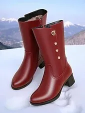 Women's Black Faux Leather Winter Boots with Warm Fur Lining, Mid-Calf Snow Boots with Block Heel, Non-Slip Cozy Fashion Footwear for Cold Weather, Outdoor Travel and Holiday Wear