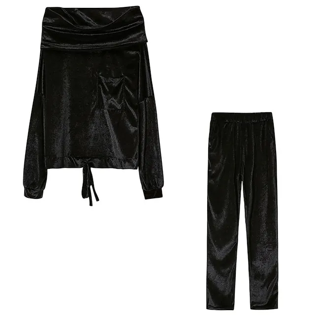 Women's Shirt Pants Sets Velvet Casual Daily Elegant Fashion Streetwear Long Sleeve Off Shoulder Black Fall & Winter
